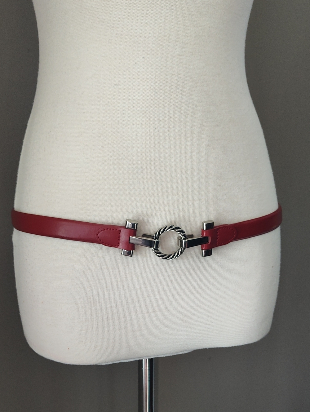Red Adjustable Genuine Leather Belt with Silver Twisted Ring Buckle